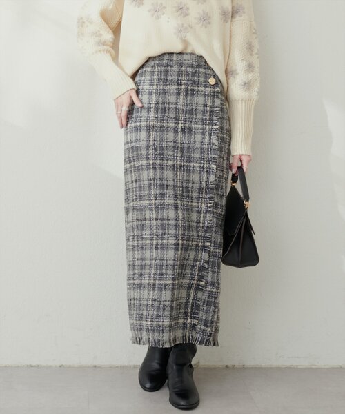 ラップ風フリンジチェックタイトスカート（スカート）｜natural
