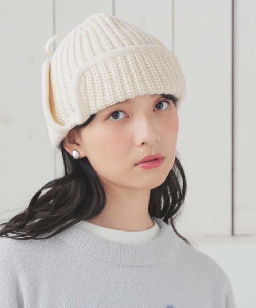 Honeys（ハニーズ）の「フライトニット帽（ニットキャップ/ビーニー・レディース・アイボリー/ブラック/杢グレー・FREE）」の5枚目の写真
