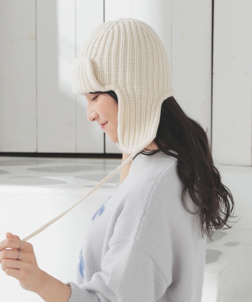 Honeys（ハニーズ）の「フライトニット帽（ニットキャップ/ビーニー・レディース・アイボリー/ブラック/杢グレー・FREE）」の9枚目の写真