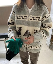 ダブルジップノルディック柄カウチンニットジャケット