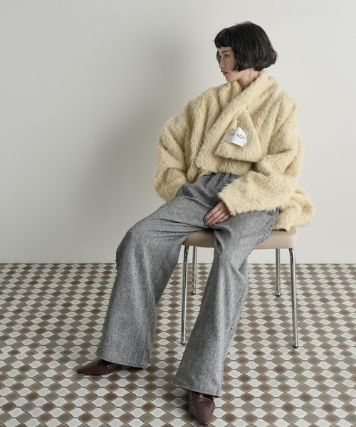 THE YOn ストールセットヘアリーシャギーノーカラーミドルニットコート THE YOn ストールセットヘアリーシャギーノーカラーミドルニット