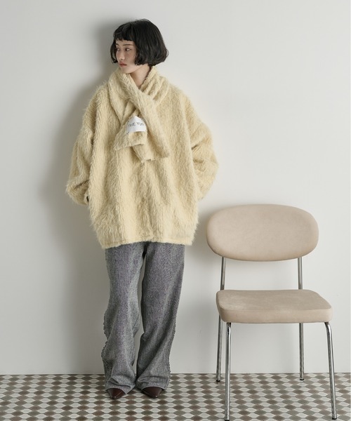 セール】ストールセットヘアリーシャギーノーカラーミドルコート（ノー
