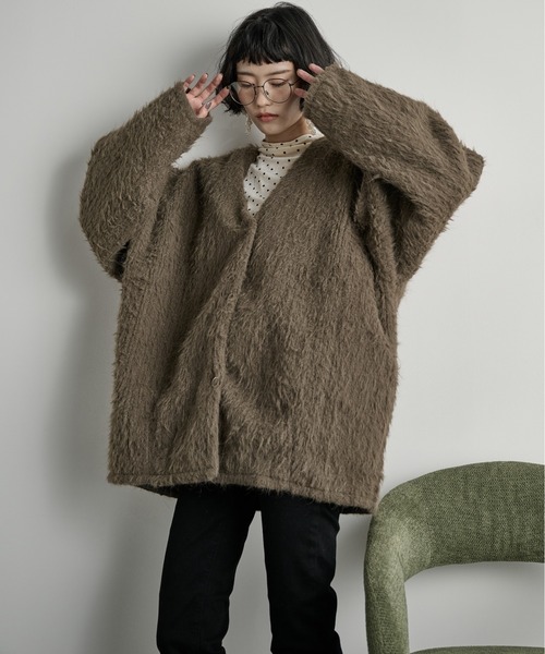 THE YOn ストールセットヘアリーシャギーノーカラーミドルニットコート THE Yon ノーカラーコート コート ストールセットヘアリー