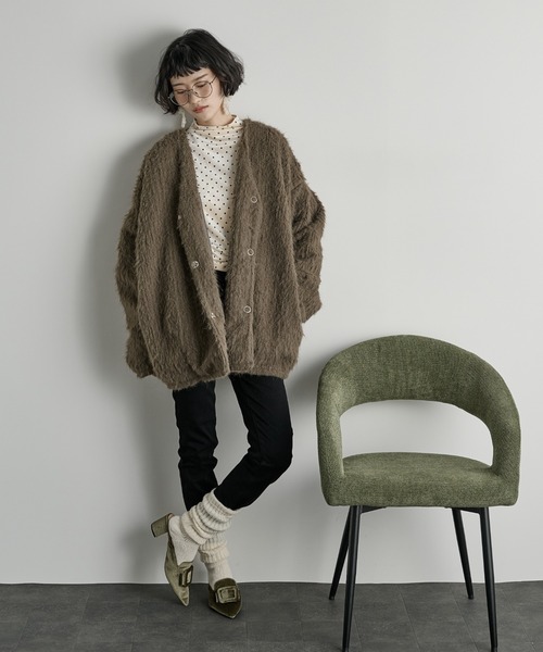 THE YOn ストールセットヘアリーシャギーノーカラーミドルニットコート THE YON | ストールセットヘアリーシャギーノーカラーミドル