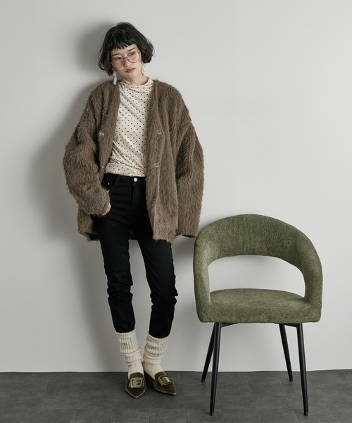 THE YOn ストールセットヘアリーシャギーノーカラーミドルニットコート THE Yon ノーカラーコート コート ストールセットヘアリー