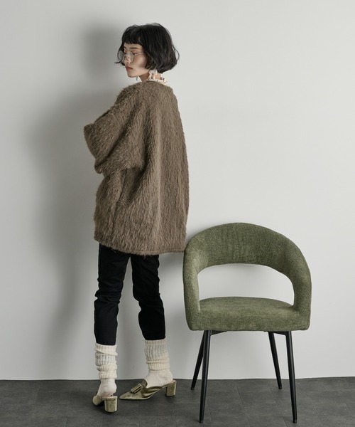 THE YOn ストールセットヘアリーシャギーノーカラーミドルニットコート THE Yon ノーカラーコート コート ストールセットヘアリー