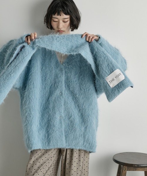 THE YOn ストールセットヘアリーシャギーノーカラーミドルニットコート THE Yon ノーカラーコート コート ストールセットヘアリー