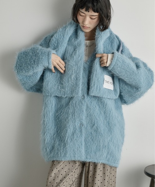 THE YOn ストールセットヘアリーシャギーノーカラーミドルニットコート THE Yon ノーカラーコート コート ストールセットヘアリー