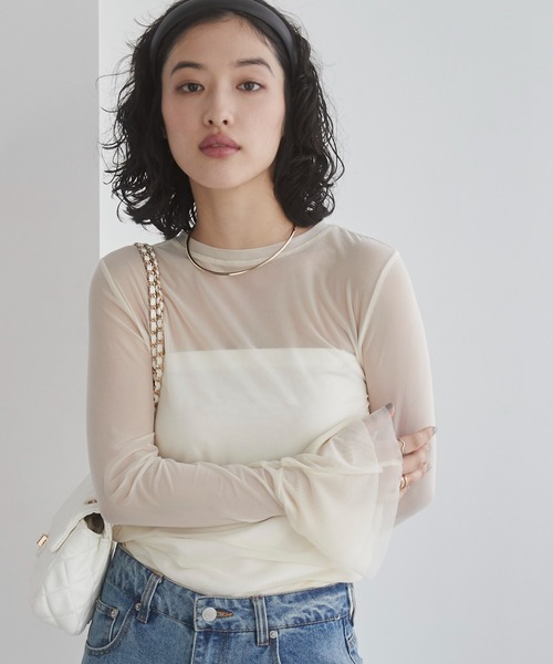 tシャツ フレアスリーブチュールトップス レディース チュール フレアスリーブ トップス（Tシャツ/カットソー