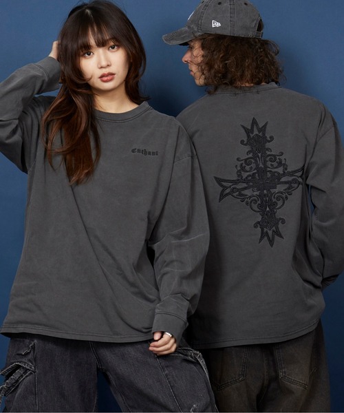 セール】オーバーサイズ 刺繍 ロングTシャツ 綿100％/embroidery