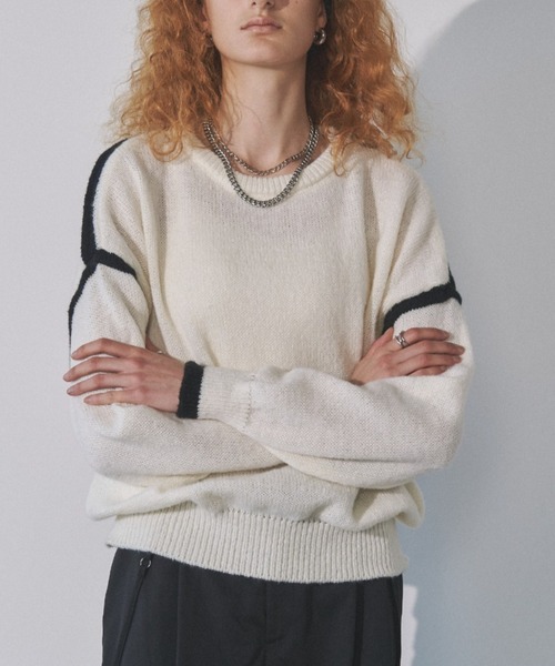 Solace(ソレイス)の「バイカラーラインニット(ニット/セーター・レディース・ホワイト/グリーン/グレー/ブラック・FREE)」の1枚目の写真