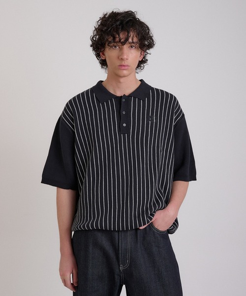 Regen Glanz(レーゲングランツ)の「striped polo knit/ストライプポロニット(ニット/セーター・メンズ・ネイビー/チャコールグレー・MEDIUM/LARGE)」の2枚目の写真