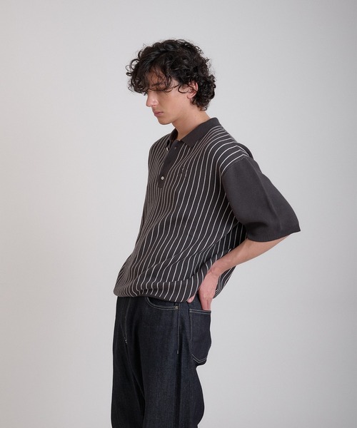 Regen Glanz(レーゲングランツ)の「striped polo knit/ストライプポロニット(ニット/セーター・メンズ・ネイビー/チャコールグレー・MEDIUM/LARGE)」の6枚目の写真