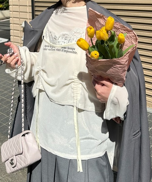 Alley Tokyo（アリートーキョー）の「ドロストレースキャミとBIGロンTの２枚セット（Tシャツ/カットソー・レディース・オフホワイト/ラベンダー・FREE）」の2枚目の写真