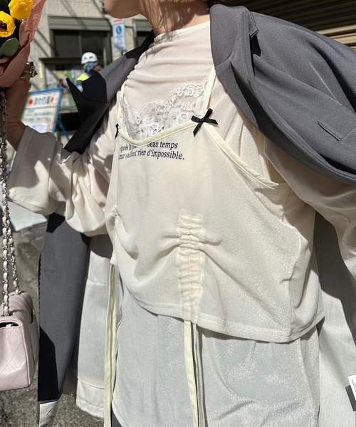 Alley Tokyo（アリートーキョー）の「ドロストレースキャミとBIGロンTの２枚セット（Tシャツ/カットソー・レディース・オフホワイト/ラベンダー・FREE）」の7枚目の写真