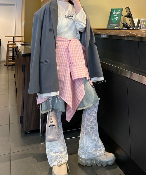 Alley Tokyo（アリートーキョー）の「ドロストレースキャミとBIGロンTの２枚セット（Tシャツ/カットソー・レディース・オフホワイト/ラベンダー・FREE）」の5枚目の写真