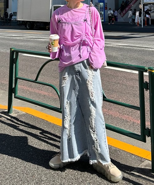 Alley Tokyo（アリートーキョー）の「ドロストレースキャミとBIGロンTの２枚セット（Tシャツ/カットソー・レディース・オフホワイト/ラベンダー・FREE）」の21枚目の写真