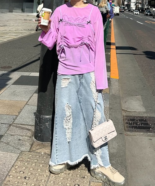 Alley Tokyo（アリートーキョー）の「ドロストレースキャミとBIGロンTの２枚セット（Tシャツ/カットソー・レディース・オフホワイト/ラベンダー・FREE）」の16枚目の写真