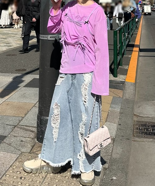 Alley Tokyo（アリートーキョー）の「ドロストレースキャミとBIGロンTの２枚セット（Tシャツ/カットソー・レディース・オフホワイト/ラベンダー・FREE）」の18枚目の写真