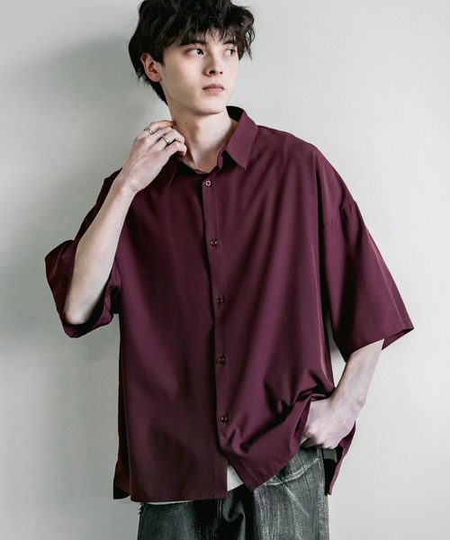 接触冷感オーバーサイズとろみビッグシルエットストレッチレギュラーカラー半袖シャツ