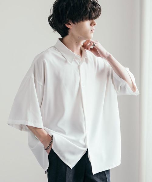 接触冷感オーバーサイズとろみビッグシルエットストレッチレギュラーカラー半袖シャツ