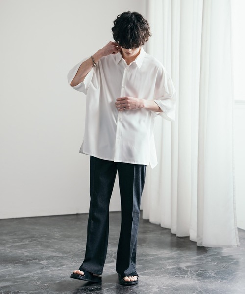 接触冷感オーバーサイズとろみビッグシルエットストレッチレギュラーカラー半袖シャツ