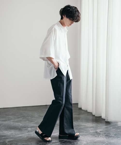 接触冷感オーバーサイズとろみビッグシルエットストレッチレギュラーカラー半袖シャツ