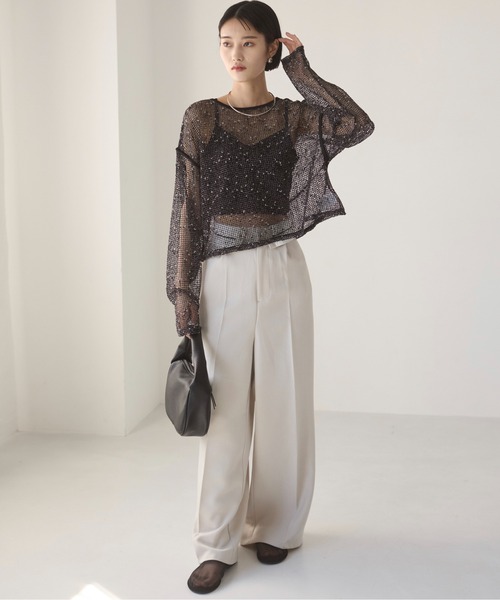 ANGIE（アンジー）の「クロップド メッシュ シアートップス（Tシャツ/カットソー・レディース・ブラック/アイボリー/ベージュ・FREE）」の6枚目の写真