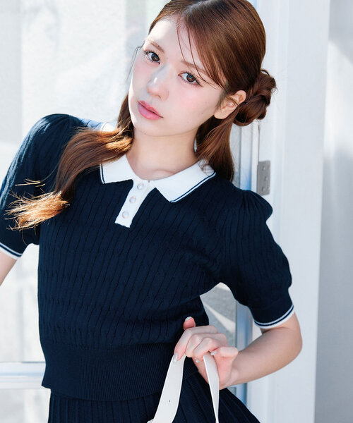 OLIVE des OLIVE(オリーブデオリーブ)の「春のケーブルポロニット(ニット/セーター・レディース・ネイビー/オフホワイト/イエロー/トップグレー・FREE)」の3枚目の写真