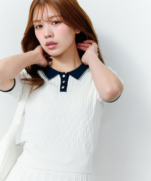 OLIVE des OLIVE(オリーブデオリーブ)の「春のケーブルポロニット(ニット/セーター・レディース・ネイビー/オフホワイト/イエロー/トップグレー・FREE)」の1枚目の写真