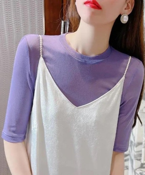 maison de LATIR(メゾンドラティール)の「シアー半袖コンパクトトップス 透け感が大人可愛い夏服 5分袖カットソー(Tシャツ/カットソー・レディース・ブラウン/ホワイト/ブラック/パープル・ONESIZE)」の4枚目の写真
