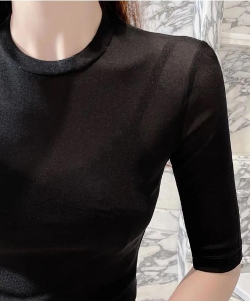 maison de LATIR(メゾンドラティール)の「シアー半袖コンパクトトップス 透け感が大人可愛い夏服 5分袖カットソー(Tシャツ/カットソー・レディース・ブラウン/ホワイト/ブラック/パープル・ONESIZE)」の6枚目の写真