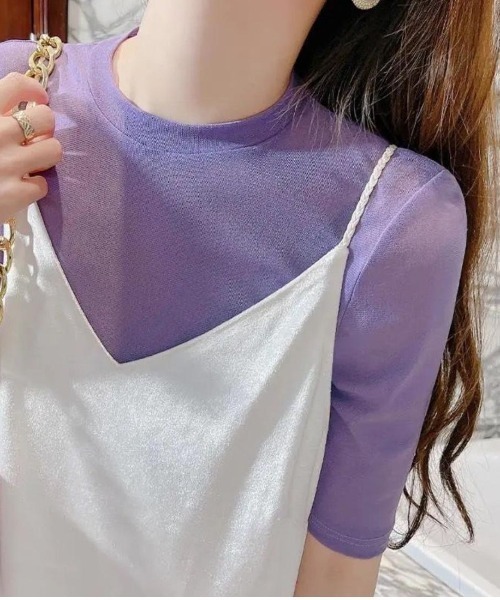 maison de LATIR(メゾンドラティール)の「シアー半袖コンパクトトップス 透け感が大人可愛い夏服 5分袖カットソー(Tシャツ/カットソー・レディース・ブラウン/ホワイト/ブラック/パープル・ONESIZE)」の9枚目の写真