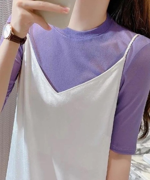 maison de LATIR(メゾンドラティール)の「シアー半袖コンパクトトップス 透け感が大人可愛い夏服 5分袖カットソー(Tシャツ/カットソー・レディース・ブラウン/ホワイト/ブラック/パープル・ONESIZE)」の10枚目の写真