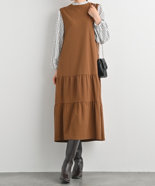 aunt lily(アントリリー)の「ティアードワンピース ストライプ 重ね着風 レイヤード ワンピ笳・(ワンピース・レディース・ブラック/キャメル・L/M)」の2枚目の写真
