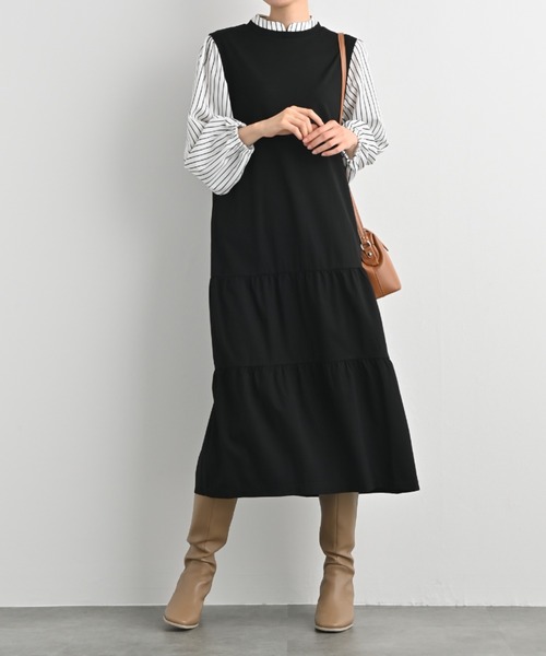 aunt lily(アントリリー)の「ティアードワンピース ストライプ 重ね着風 レイヤード ワンピ笳・(ワンピース・レディース・ブラック/キャメル・L/M)」の1枚目の写真