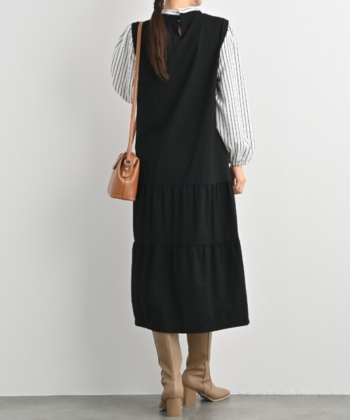 aunt lily(アントリリー)の「ティアードワンピース ストライプ 重ね着風 レイヤード ワンピ笳・(ワンピース・レディース・ブラック/キャメル・L/M)」の4枚目の写真