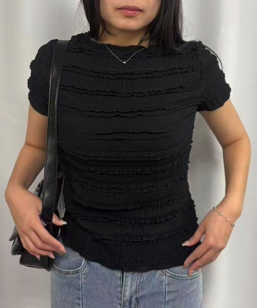 Lots of Love（ロッツオブラブ）の「シャーリングフリルTシャツ（Tシャツ/カットソー・レディース・カーキ/ブラック/アイボリー/ピンク/ホワイト・M）」の8枚目の写真