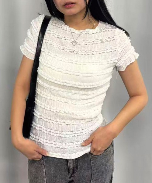 Lots of Love（ロッツオブラブ）の「シャーリングフリルTシャツ（Tシャツ/カットソー・レディース・カーキ/ブラック/アイボリー/ピンク/ホワイト・M）」の11枚目の写真