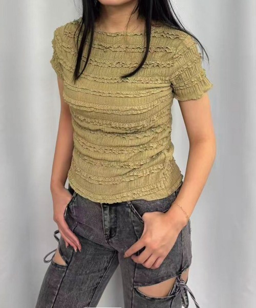 Lots of Love（ロッツオブラブ）の「シャーリングフリルTシャツ（Tシャツ/カットソー・レディース・カーキ/ブラック/アイボリー/ピンク/ホワイト・M）」の12枚目の写真