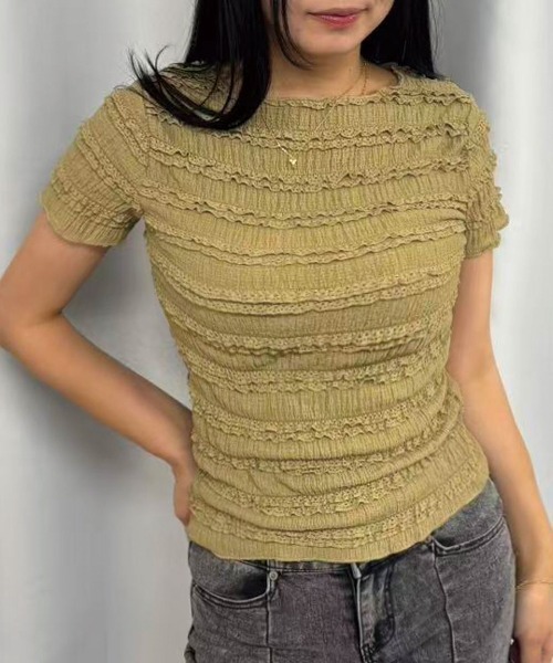 Lots of Love（ロッツオブラブ）の「シャーリングフリルTシャツ（Tシャツ/カットソー・レディース・カーキ/ブラック/アイボリー/ピンク/ホワイト・M）」の14枚目の写真