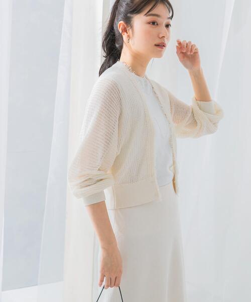 URBAN RESEARCH ROSSO WOMEN（アーバンリサーチ　ロッソ）の「柄編みフリンジカーディガン（カーディガン/ボレロ・レディース・オフホワイト/ネイビー/ライトブルー・FREE）」の4枚目の写真