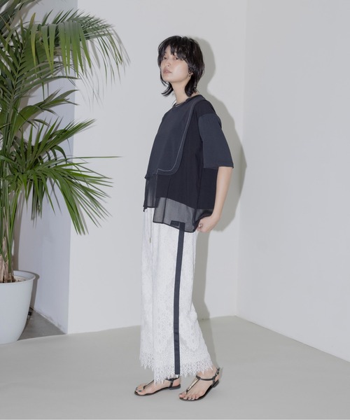 〝エイミーロウ eimee law〟黒サイドライン クロップドレースパンツ低身長 サイドライン クロップドレースパンツ（スウェットパンツ