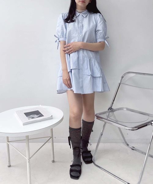 AS KNOW AS plus（アズノゥアズプラス）の「●デザインフリル ティアード5分袖チュニックワンピース（チュニック・レディース・ブルー系その他/サックスブルー/オフホワイト・FREE）」の20枚目の写真