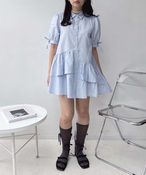 AS KNOW AS plus（アズノゥアズプラス）の「●デザインフリル ティアード5分袖チュニックワンピース（チュニック・レディース・ブルー系その他/サックスブルー/オフホワイト・FREE）」の19枚目の写真