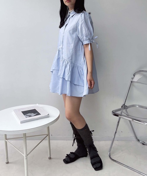 AS KNOW AS plus（アズノゥアズプラス）の「●デザインフリル ティアード5分袖チュニックワンピース（チュニック・レディース・ブルー系その他/サックスブルー/オフホワイト・FREE）」の18枚目の写真