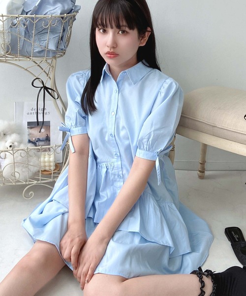 AS KNOW AS plus（アズノゥアズプラス）の「●デザインフリル ティアード5分袖チュニックワンピース（チュニック・レディース・ブルー系その他/サックスブルー/オフホワイト・FREE）」の16枚目の写真