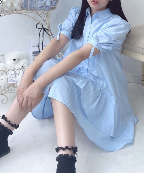 AS KNOW AS plus（アズノゥアズプラス）の「●デザインフリル ティアード5分袖チュニックワンピース（チュニック・レディース・ブルー系その他/サックスブルー/オフホワイト・FREE）」の15枚目の写真