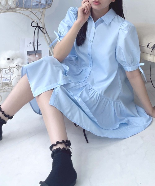 AS KNOW AS plus（アズノゥアズプラス）の「●デザインフリル ティアード5分袖チュニックワンピース（チュニック・レディース・ブルー系その他/サックスブルー/オフホワイト・FREE）」の14枚目の写真