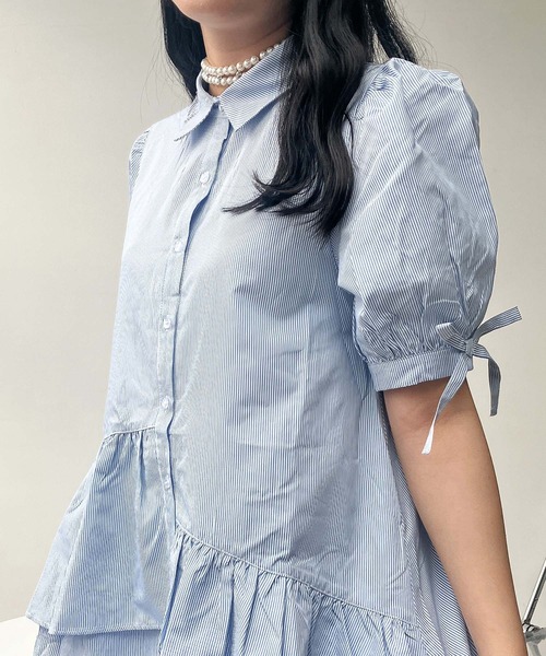 AS KNOW AS plus（アズノゥアズプラス）の「●デザインフリル ティアード5分袖チュニックワンピース（チュニック・レディース・ブルー系その他/サックスブルー/オフホワイト・FREE）」の17枚目の写真